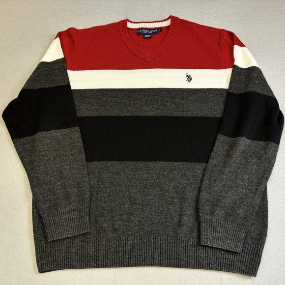 US Polo Assn Sweater Mens Large L Acrylic Striped Gray Red Black Long Sleeve - Picture 1 of 8